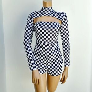 Checkered Racer Long Sleeve Cutout Romper